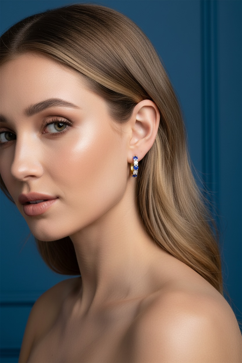 14K Yellow Real Gold Round 0.34ct Sapphire Diamond Hoop Earrings
