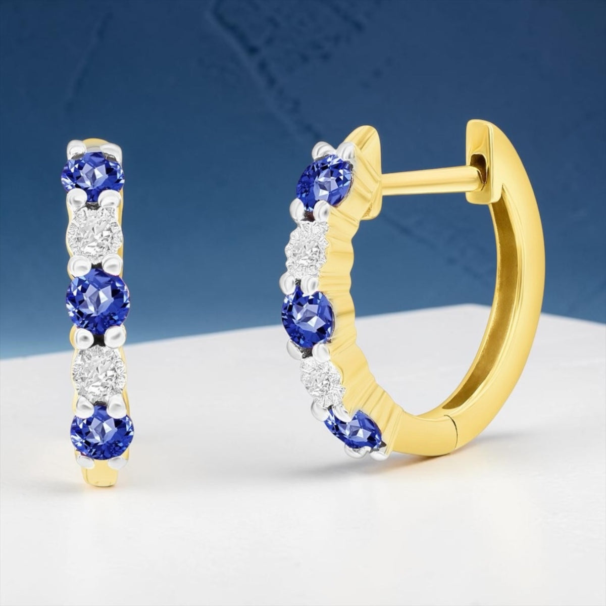14K Yellow Real Gold Round 0.34ct Sapphire Diamond Hoop Earrings
