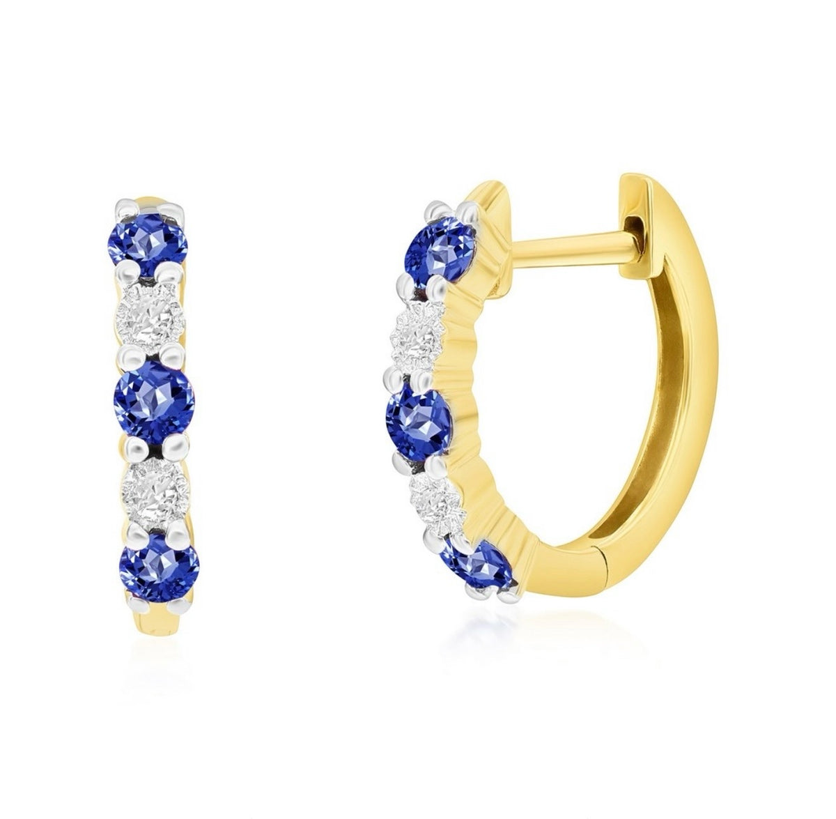 14K Yellow Real Gold Round 0.34ct Sapphire Diamond Hoop Earrings