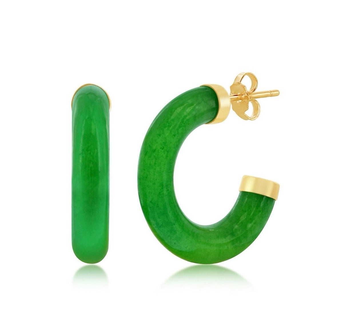 14K Yellow Real Gold 19mm Hoop Jade Earrings