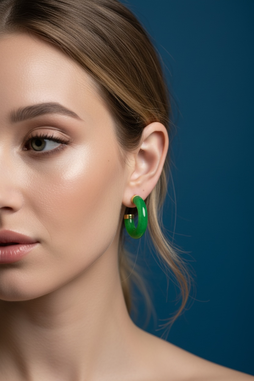 14K Yellow Real Gold 19mm Hoop Jade Earrings