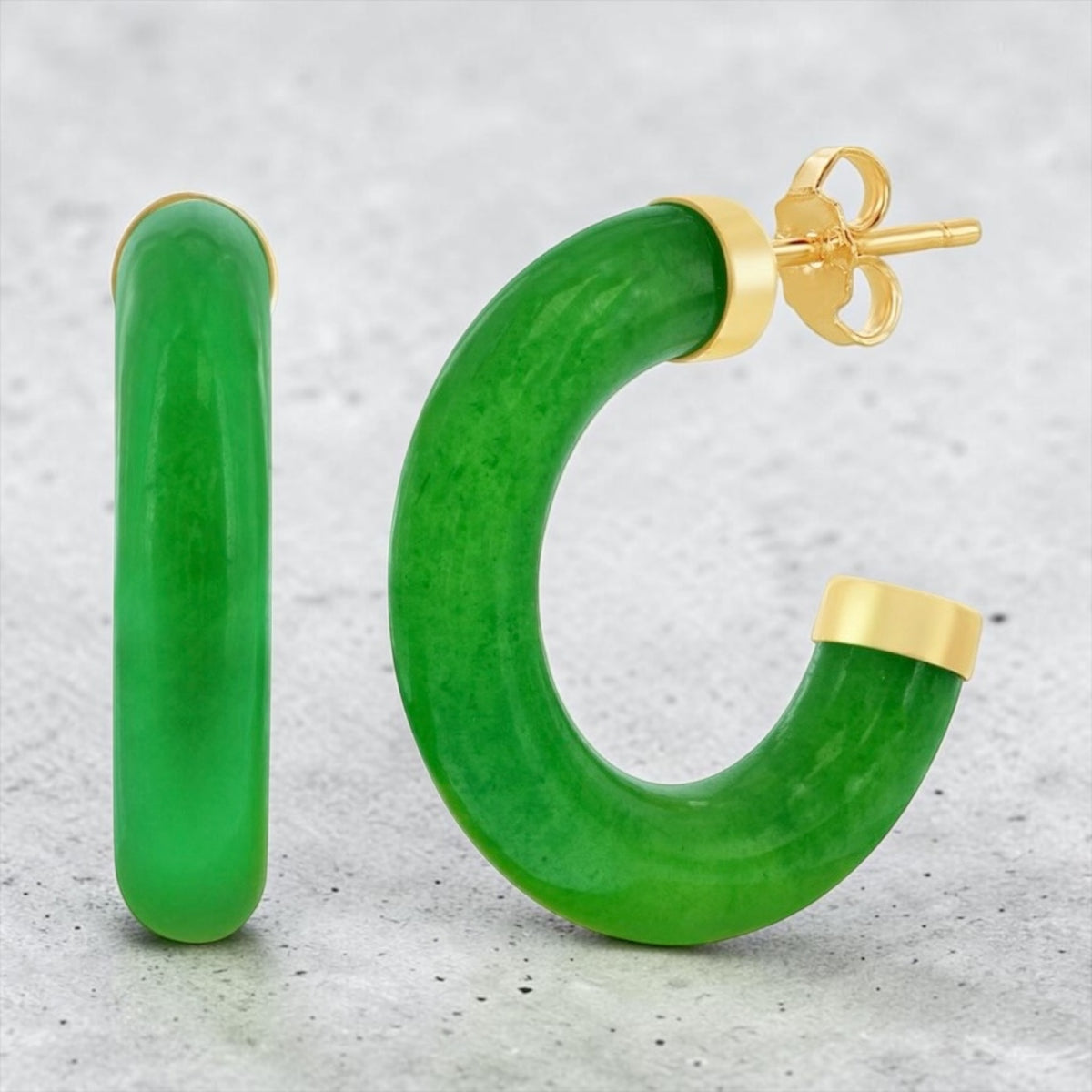 14K Yellow Real Gold 19mm Hoop Jade Earrings