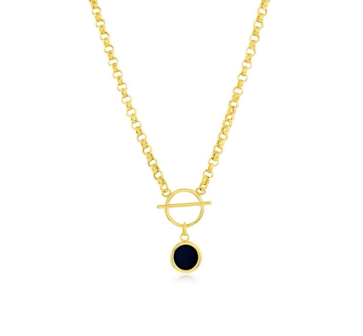 14K Yellow Real Gold Round Onyx Toggle Design Necklace