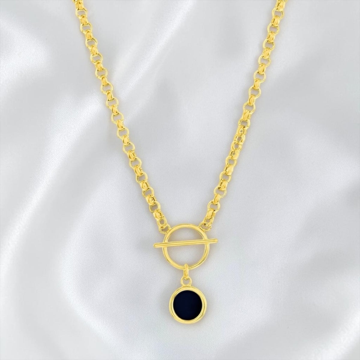 14K Yellow Real Gold Round Onyx Toggle Design Necklace