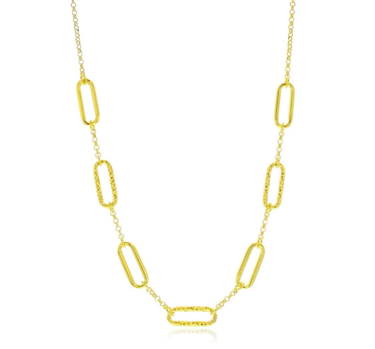 Sterling Silver Polished and Textured Paperclip Design Necklace 14k Gold Plated