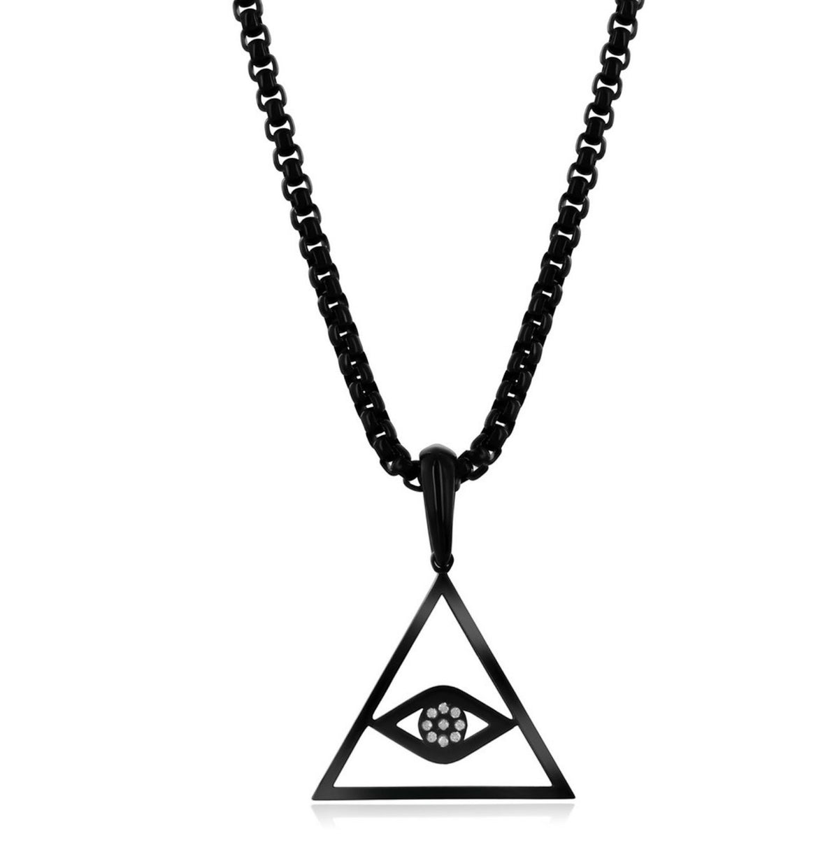 Stainless Steel Triangle Evil Eye Men’s Necklace Black Plated 24” long