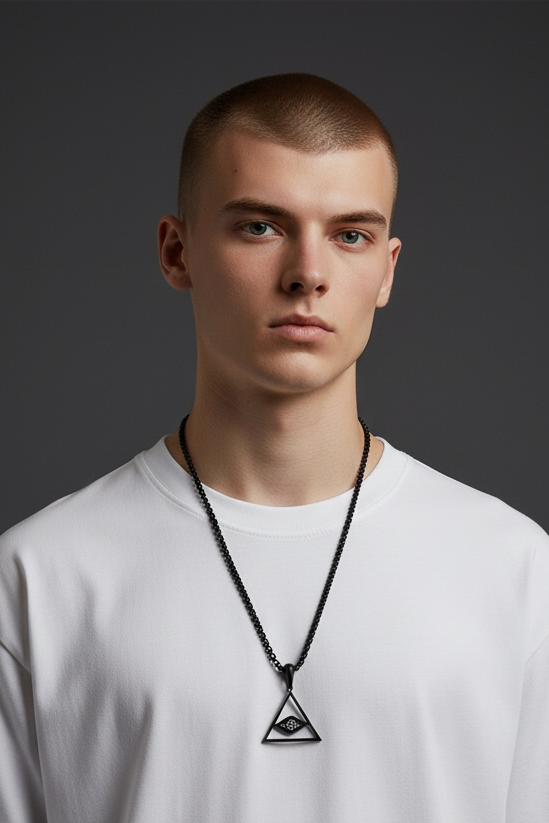 Stainless Steel Triangle Evil Eye Men’s Necklace Black Plated 24” long