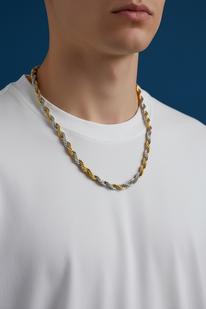 Stainless Steel 5mm Two-Tone Men’s Rope Chain Gold & Silver