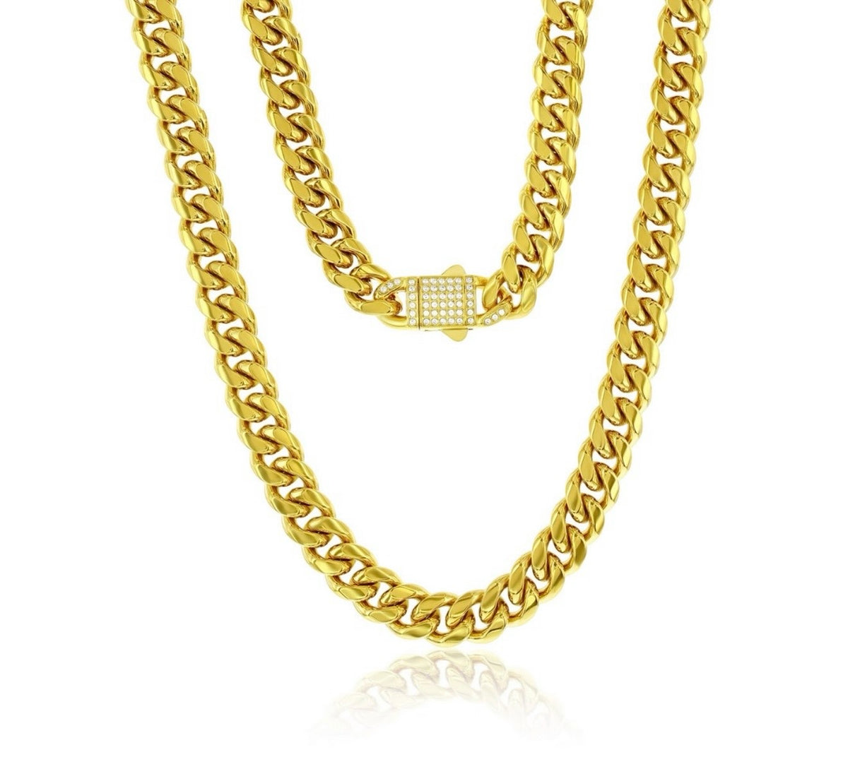 Stainless Steel 12mm Miami Cuban Lock Men’s Necklace 24” long Gold