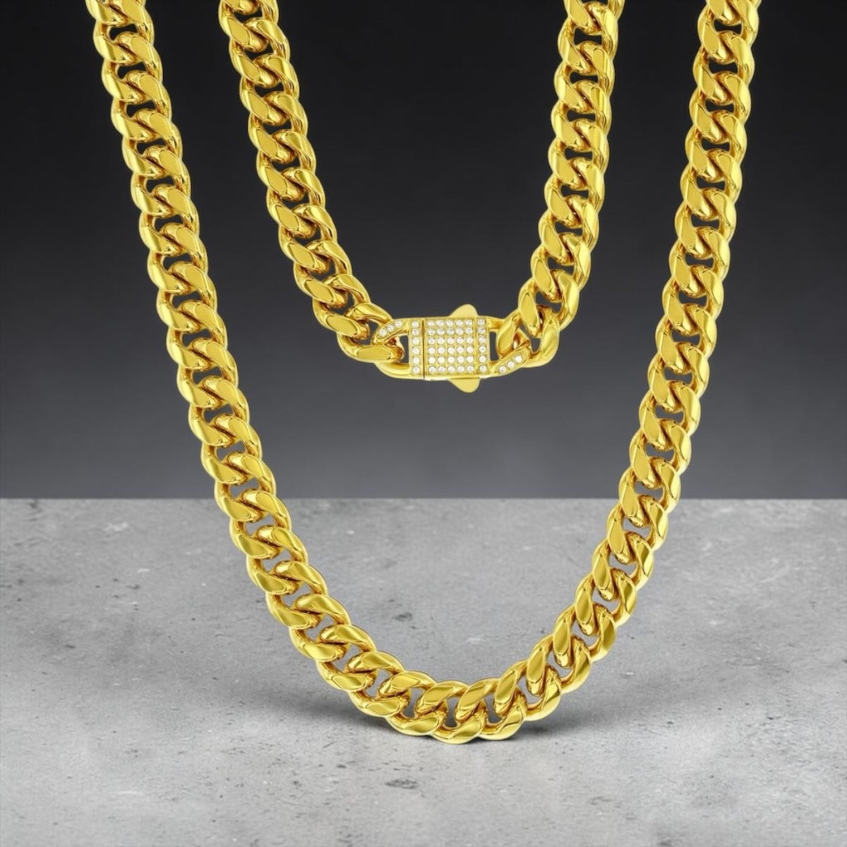 Stainless Steel 12mm Miami Cuban Lock Men’s Necklace 24” long Gold