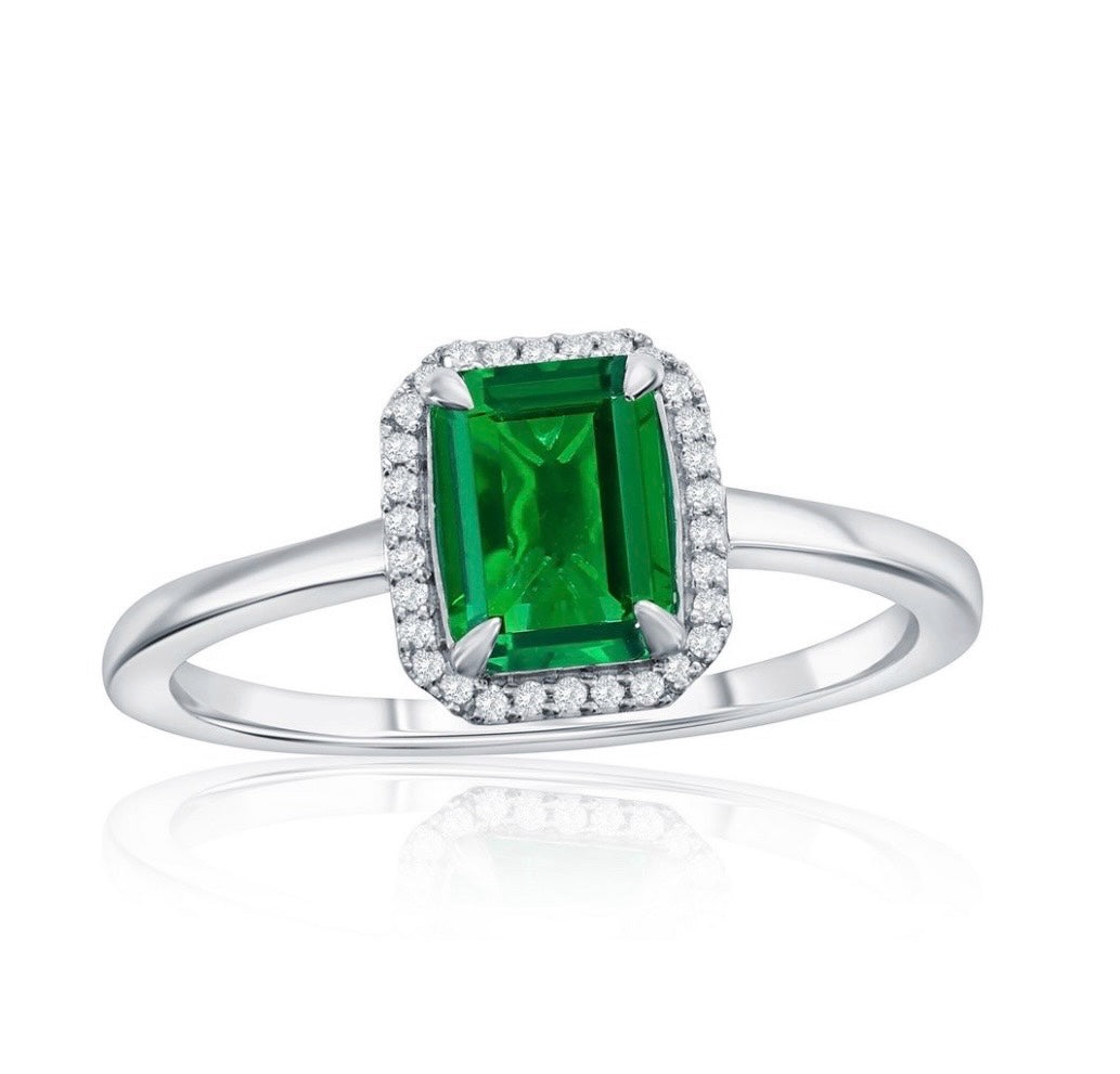 Sterling Silver Lab-Grown 0.80ct Emerald & 0.06ct Natural Diamond Ring