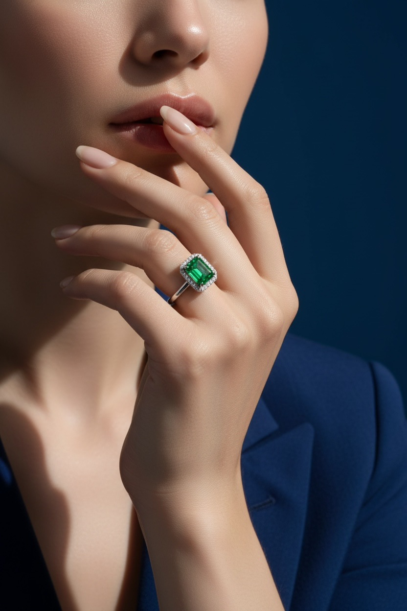 Sterling Silver Lab-Grown 0.80ct Emerald & 0.06ct Natural Diamond Ring