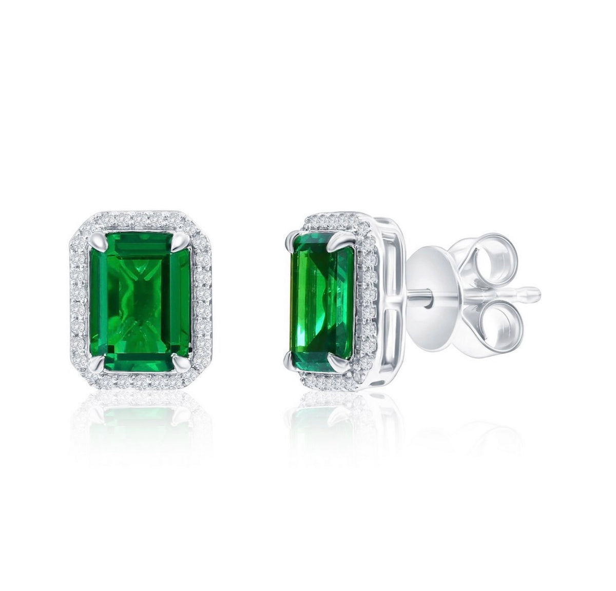 Stering Silver, 1.60ct Emerald & 0.12ct Natural Diamond Studs