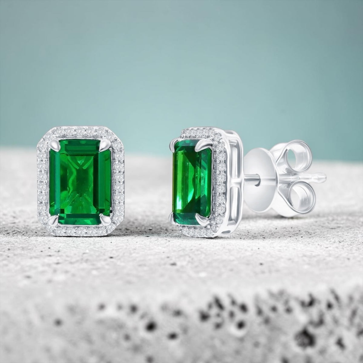 Stering Silver, 1.60ct Emerald & 0.12ct Natural Diamond Studs