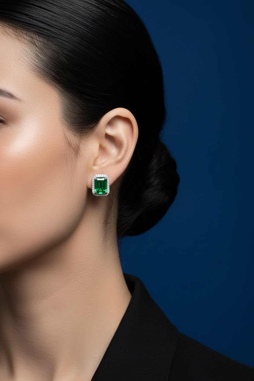 Stering Silver, 1.60ct Emerald & 0.12ct Natural Diamond Studs