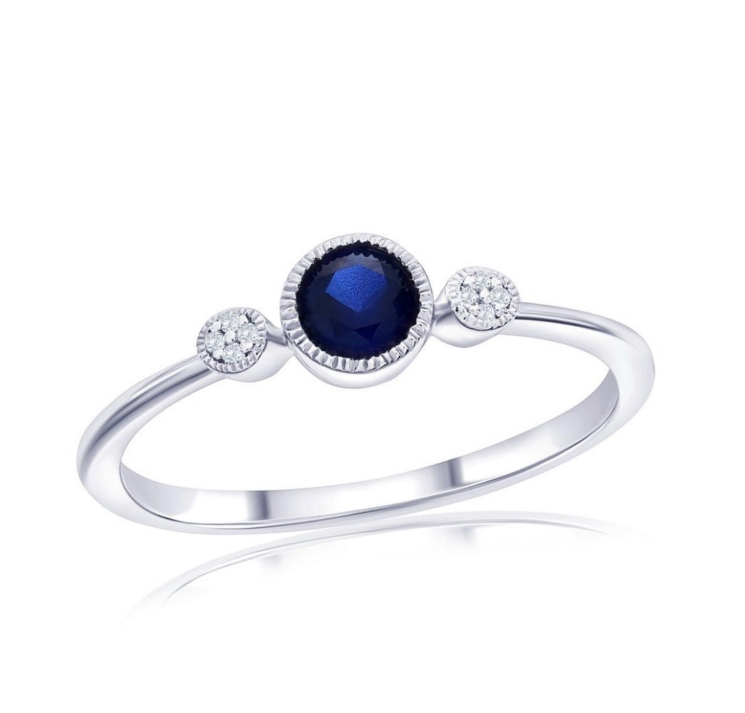 Sterling Silver, Lab-Grown Sapphire & Natural Diamond Ring