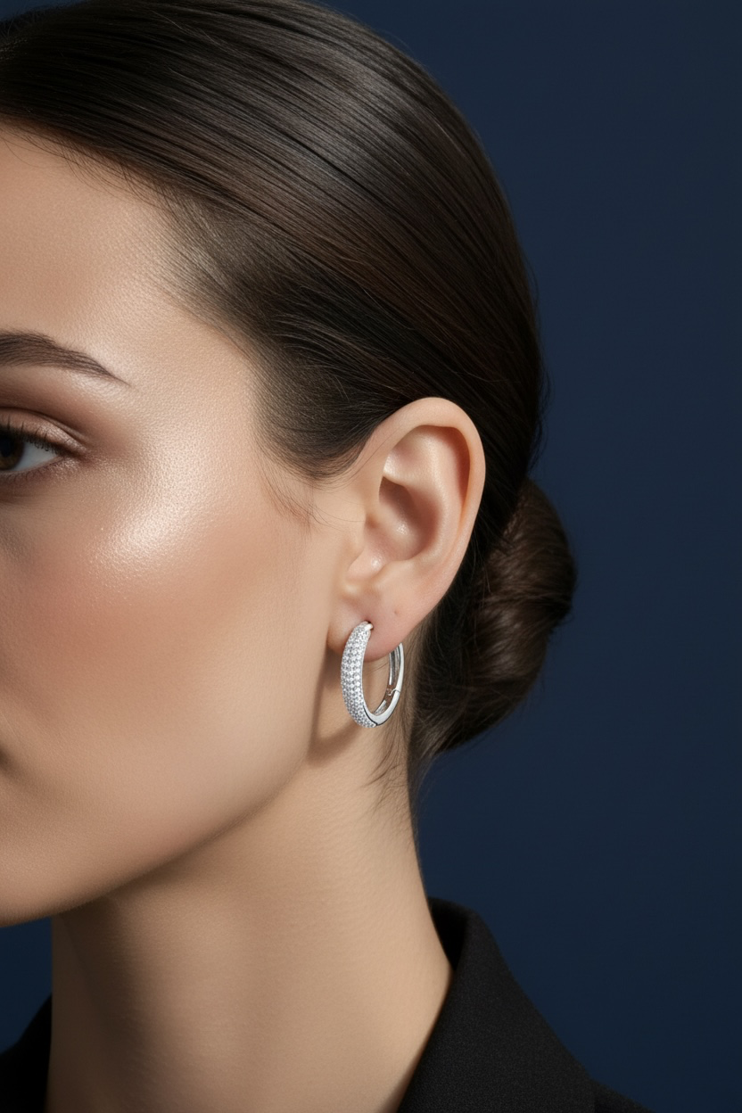 Sterling Silver, 15mm Diamond Hoop Earrings