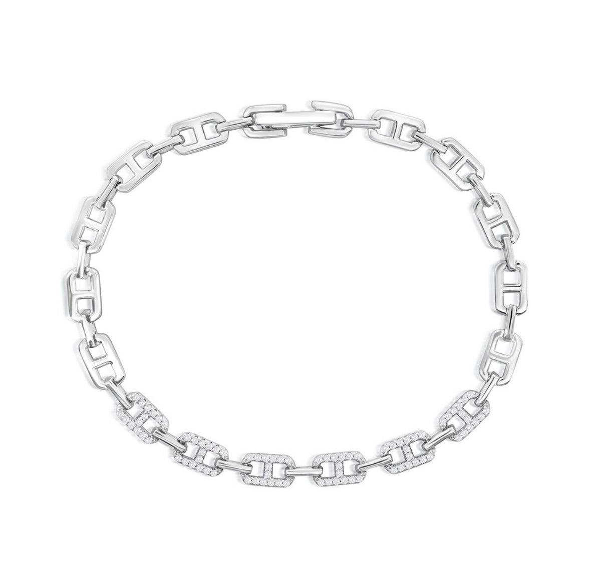 Sterling Silver, Polished & Cubic Crystalline Marina Design Link Bracelet 7 inches