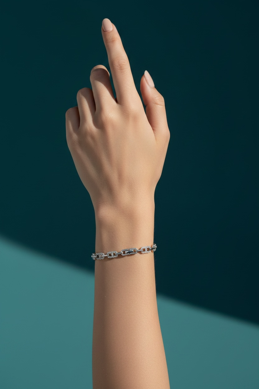 Sterling Silver, Polished & Cubic Crystalline Marina Design Link Bracelet 7 inches