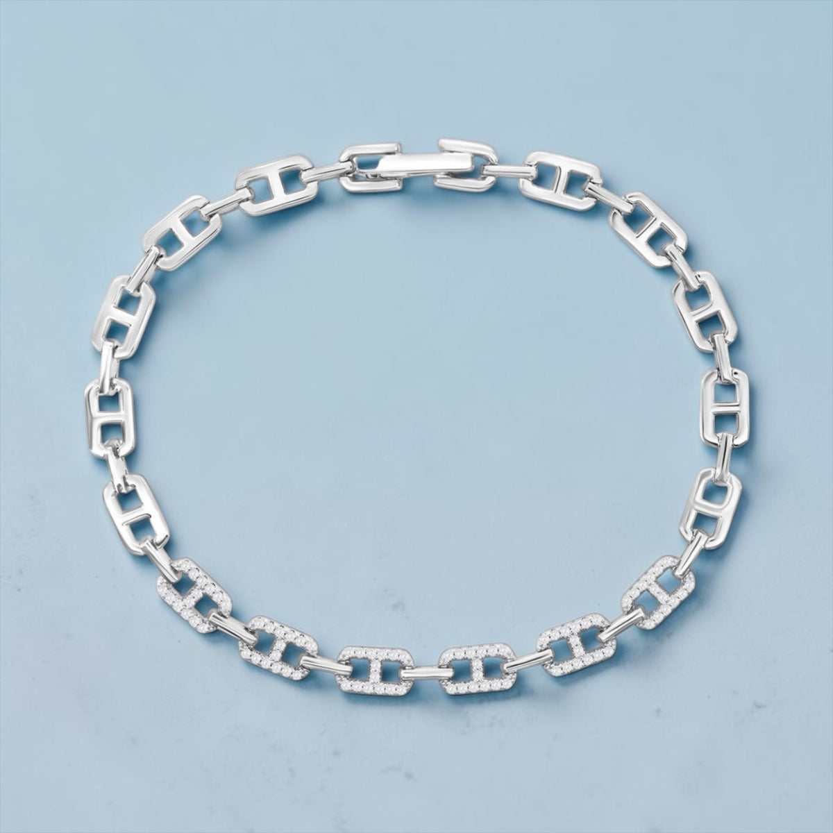 Sterling Silver, Polished & Cubic Crystalline Marina Design Link Bracelet 7 inches