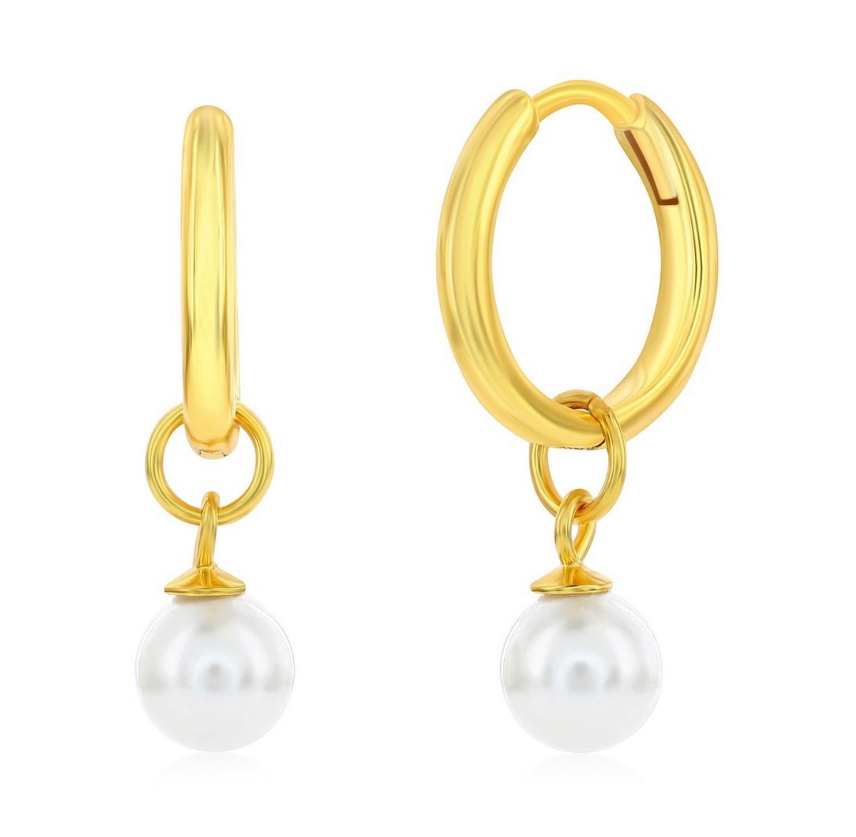 Sterling Silver Round Pearl Charm Huggie Hoop Earrings Gold
