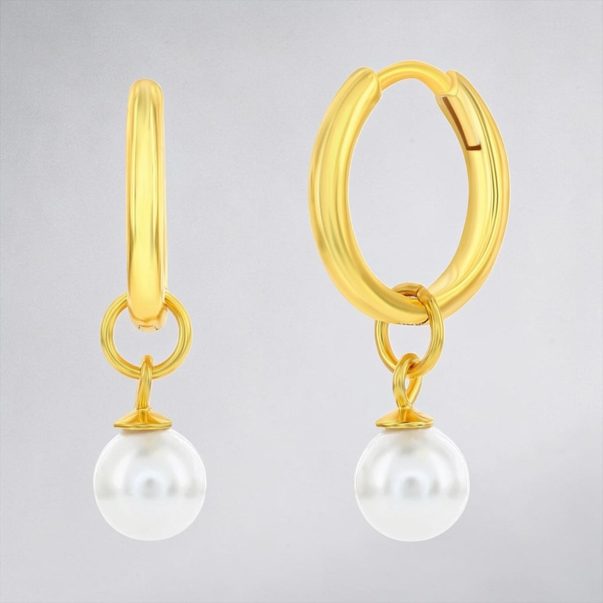 Sterling Silver Round Pearl Charm Huggie Hoop Earrings Gold