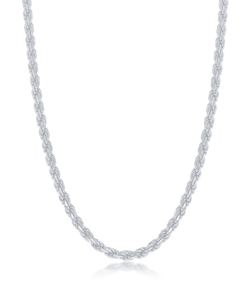 925 Solid Sterling Silver, Solid Diamond-Cut 3mm Men’s Rope Chain