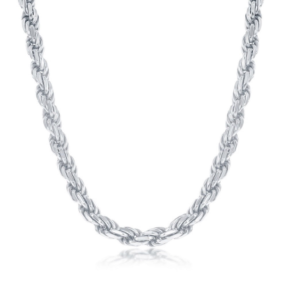 925 Solid Sterling Silver, Solid Diamond-Cut 5mm Rope Chain - Rhodium Plated