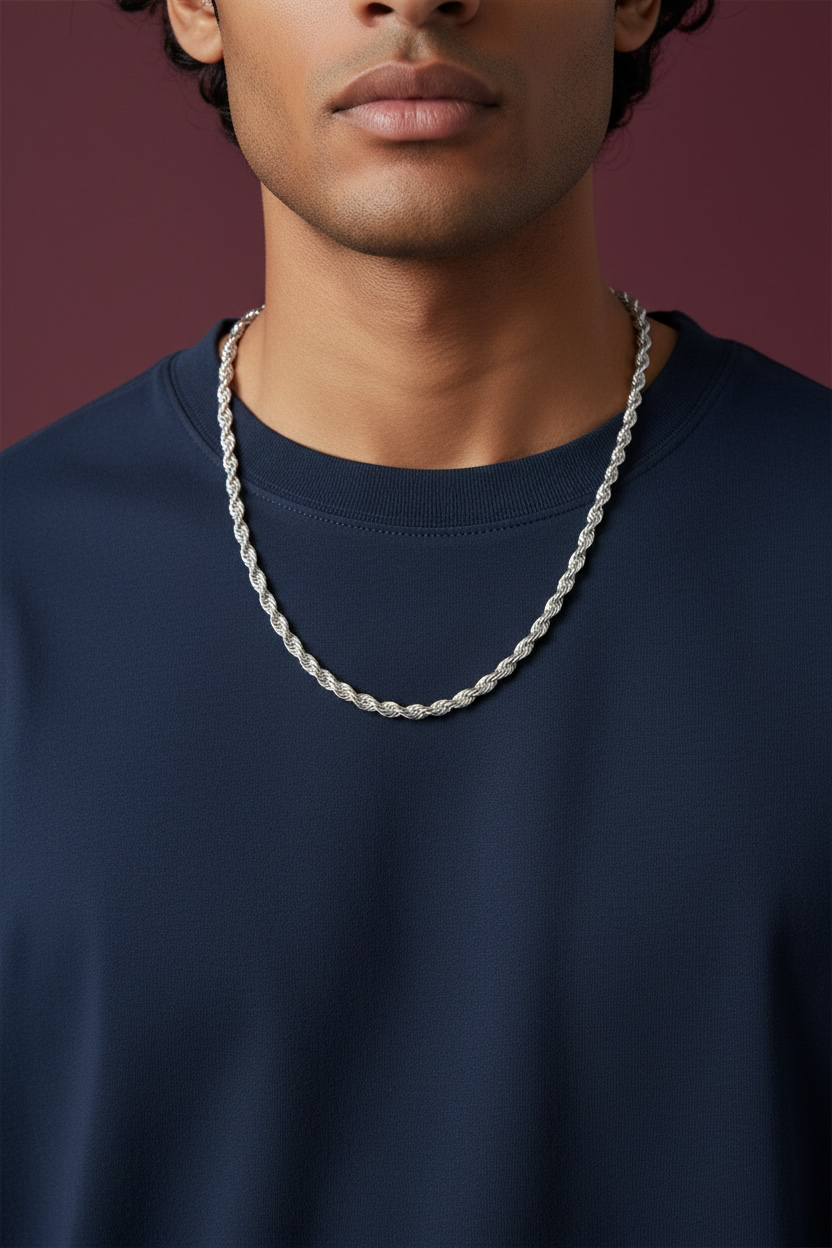 925 Solid Sterling Silver, Solid Diamond-Cut 5mm Rope Chain - Rhodium Plated