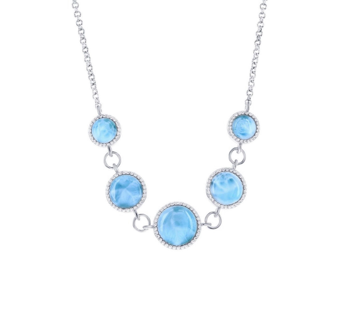 925 Sterling Silver, Graduating Round Beaded Larimar Linked Necklace