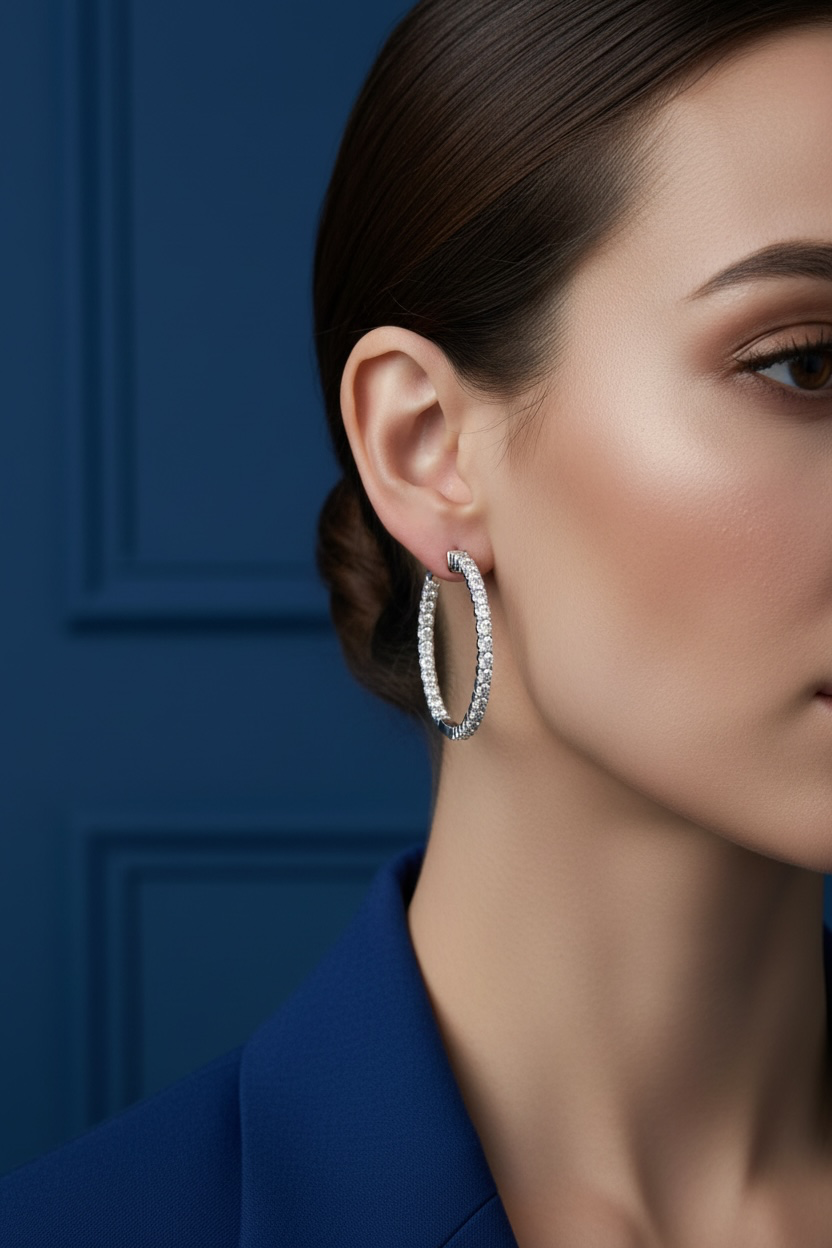 Sterling Silver, Inside-Outside 1.26cttw Lab-Grown Diamond, 30mm Hoop Earrings