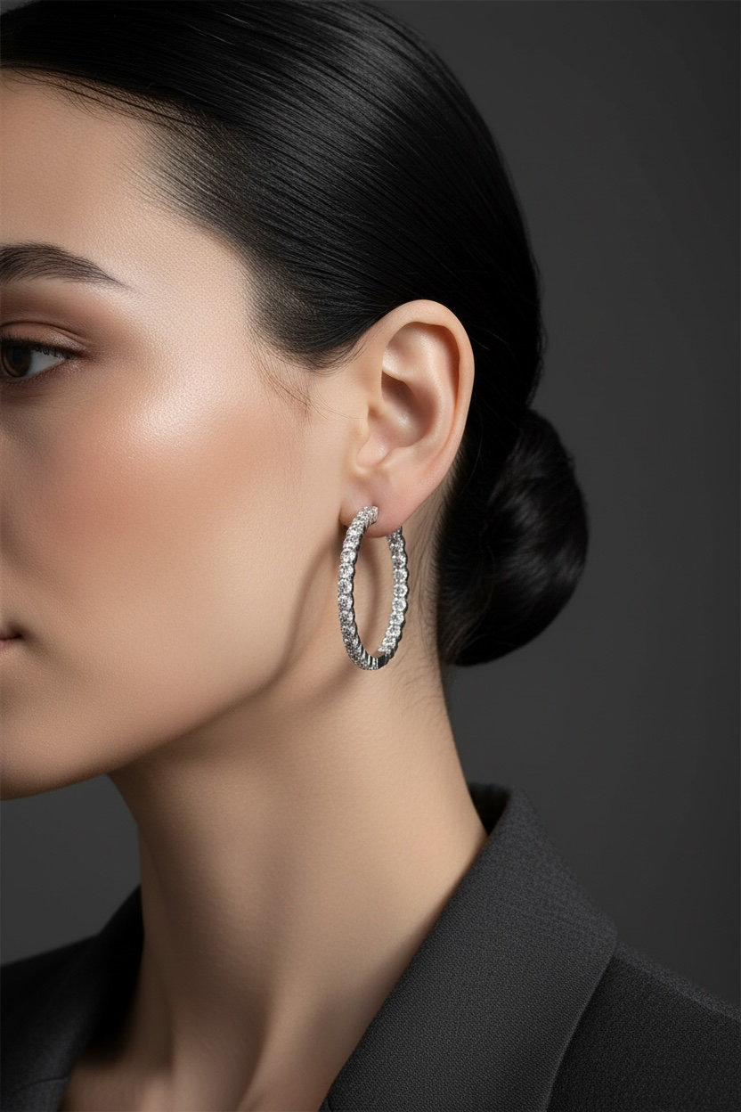Sterling Silver, Inside-Outside 1.44cttw Lab-Grown Diamond, 32mm Hoop Earrings