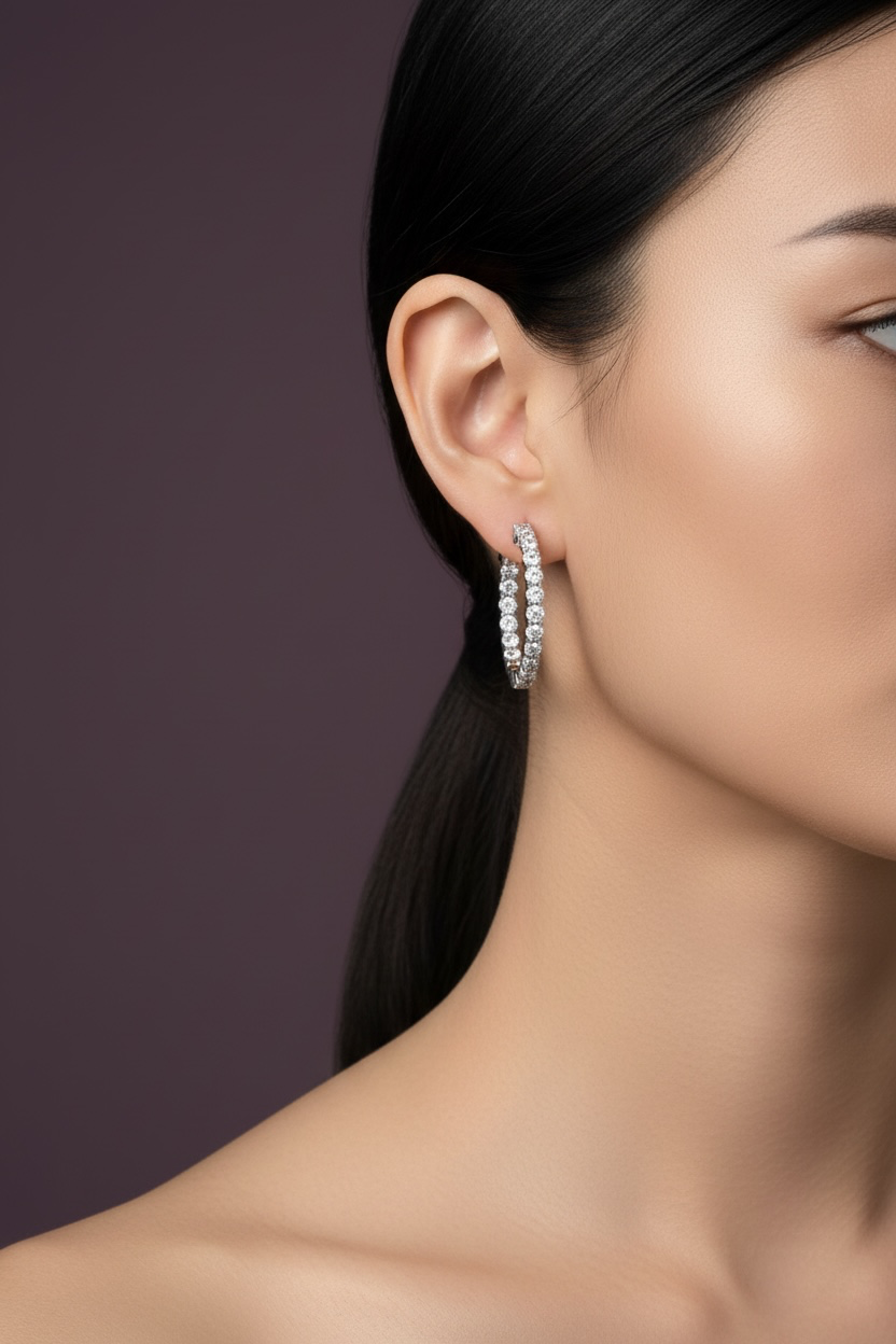 Sterling Silver, Inside-Outside 1.07cttw Lab-Grown Diamond, 25mm Hoop Earrings