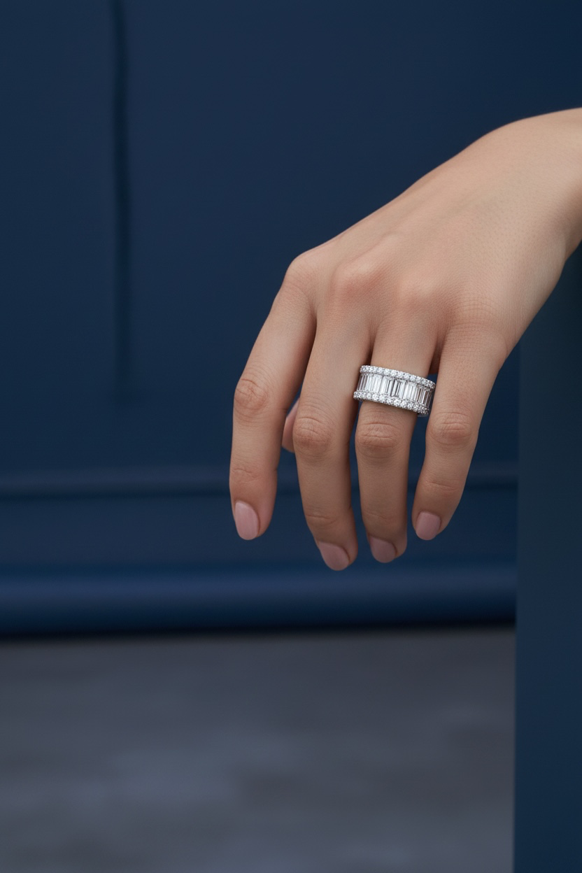 Sterling Silver, Baguette Crystal and Pave Border Band Ring