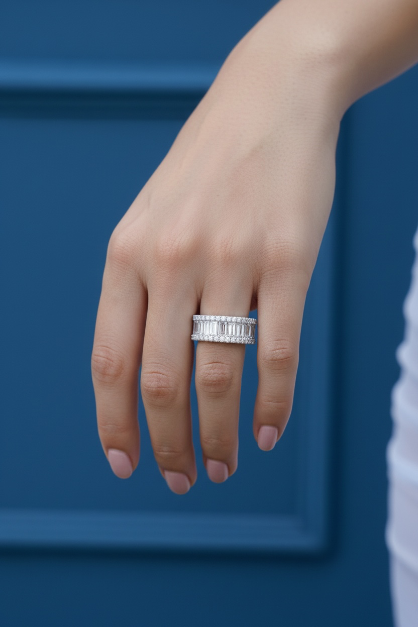 Sterling Silver, Baguette Crystal and Pave Border Band Ring