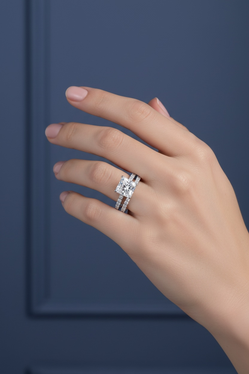 Sterling Silver Princess-Cut Half Band Engagement Ring Set