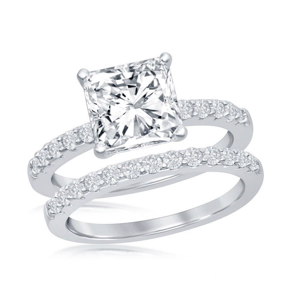 Sterling Silver Princess-Cut Half Band Engagement Ring Set