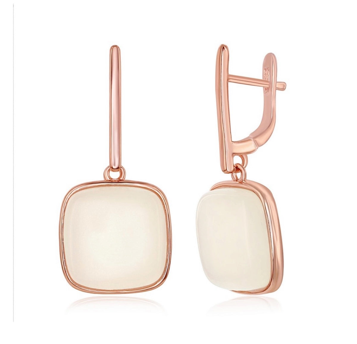 Sterling Silver Natural White Moon Stone Square Earrings - Rose Gold Plated