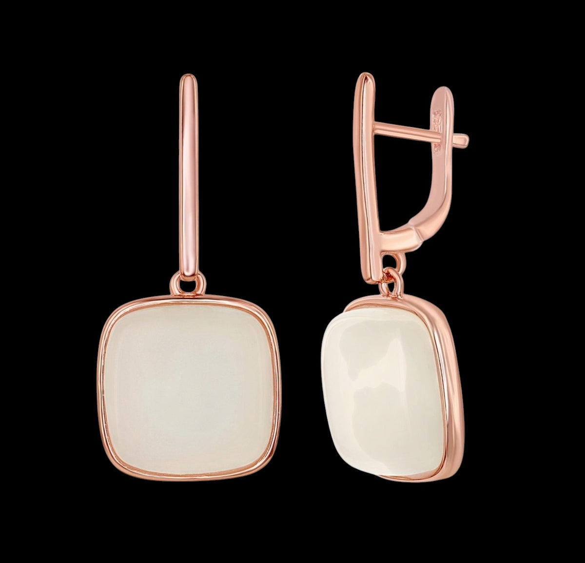 Sterling Silver Natural White Moon Stone Square Earrings - Rose Gold Plated
