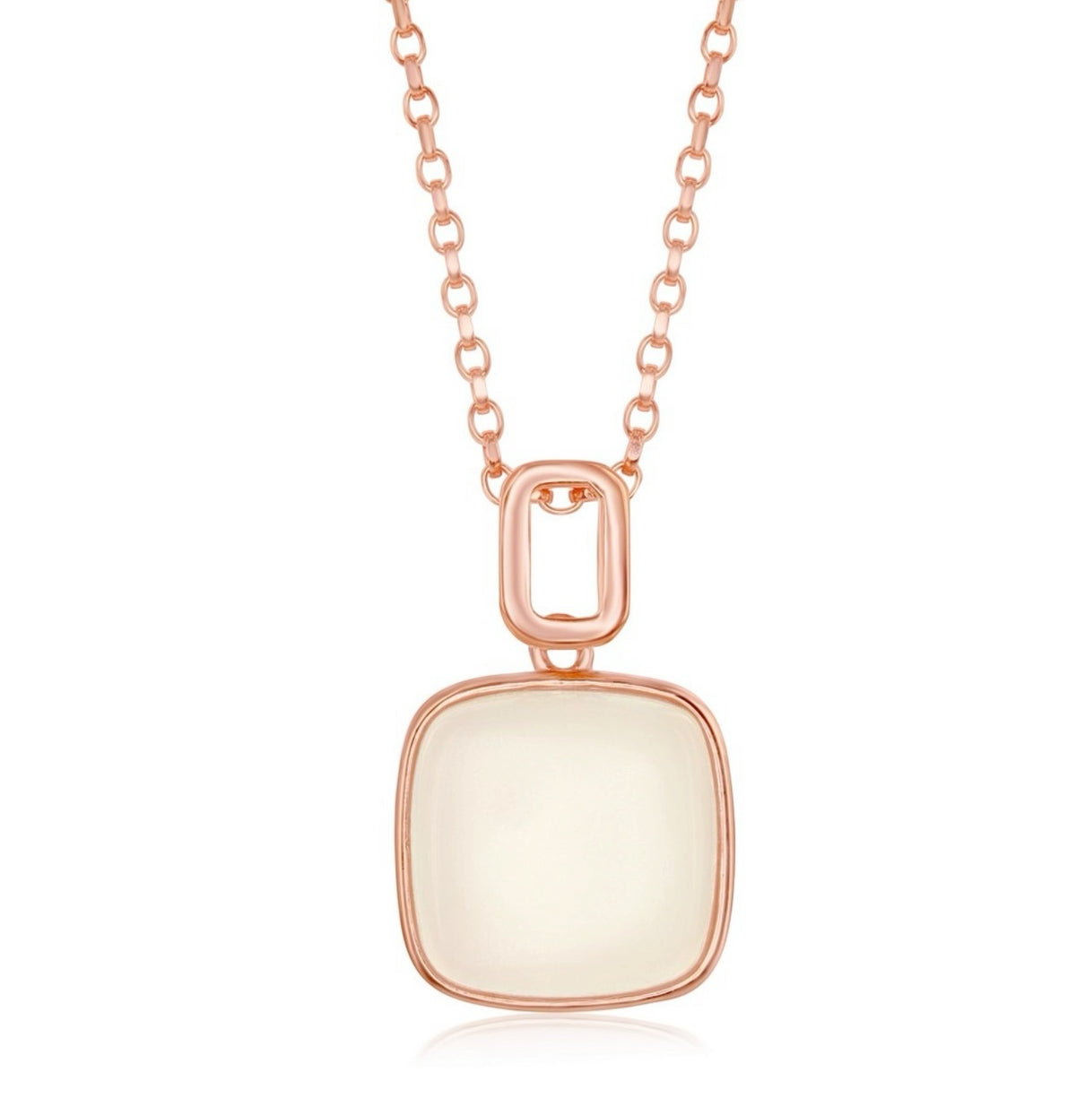 Sterling Silver Natural White Moon Stone Square Pendant - Rose Gold Plated