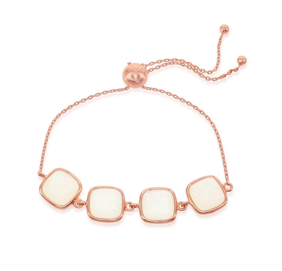 Sterling Silver Natural White Moon Stone Adjustable Bolo Bracelet - Rose Gold Plated