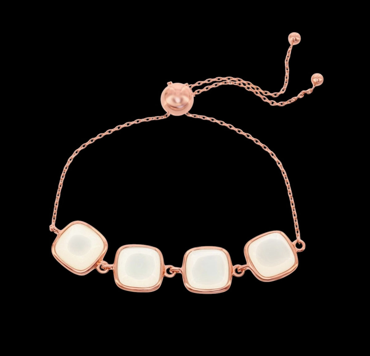 Sterling Silver Natural White Moon Stone Adjustable Bolo Bracelet - Rose Gold Plated