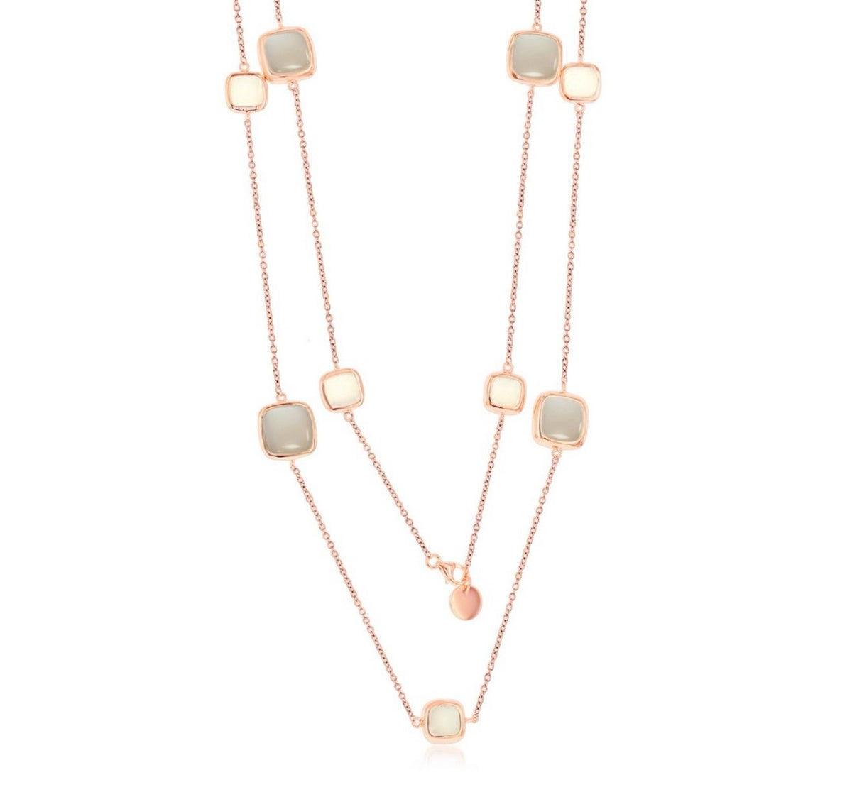 Sterling Silver Alternating White & Light Grey Moon Stone Square Neckalce - Rose Gold Plated 36 inches long