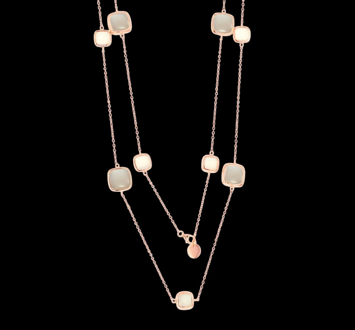 Sterling Silver Alternating White & Light Grey Moon Stone Square Neckalce - Rose Gold Plated 36 inches long