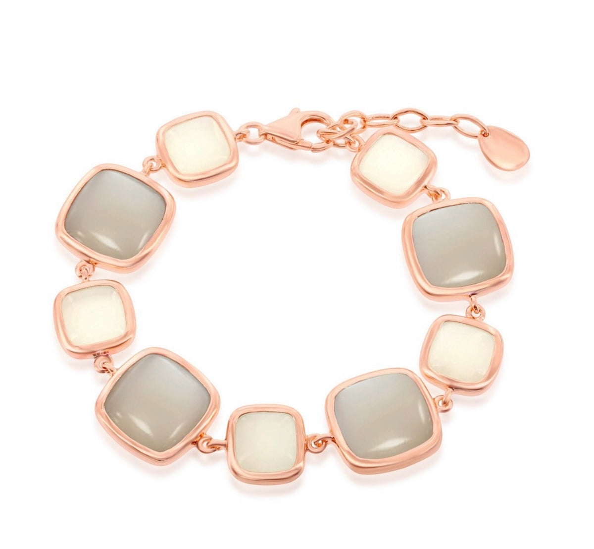 Sterling Silver Alternating White & Light Grey Moon Stone Square Bracelet - Rose Gold Plated