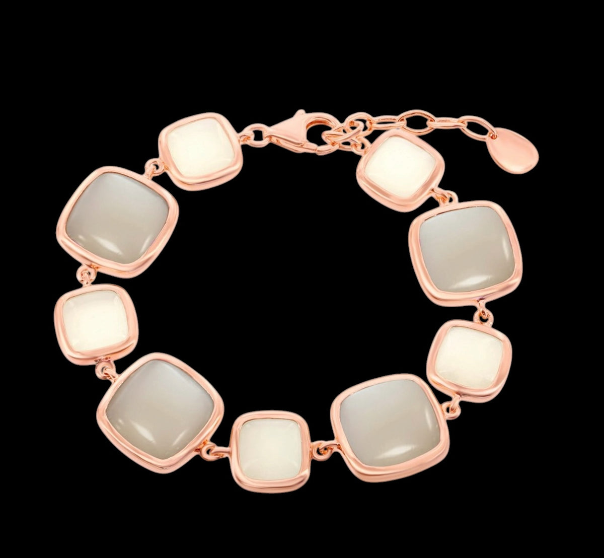 Sterling Silver Alternating White & Light Grey Moon Stone Square Bracelet - Rose Gold Plated