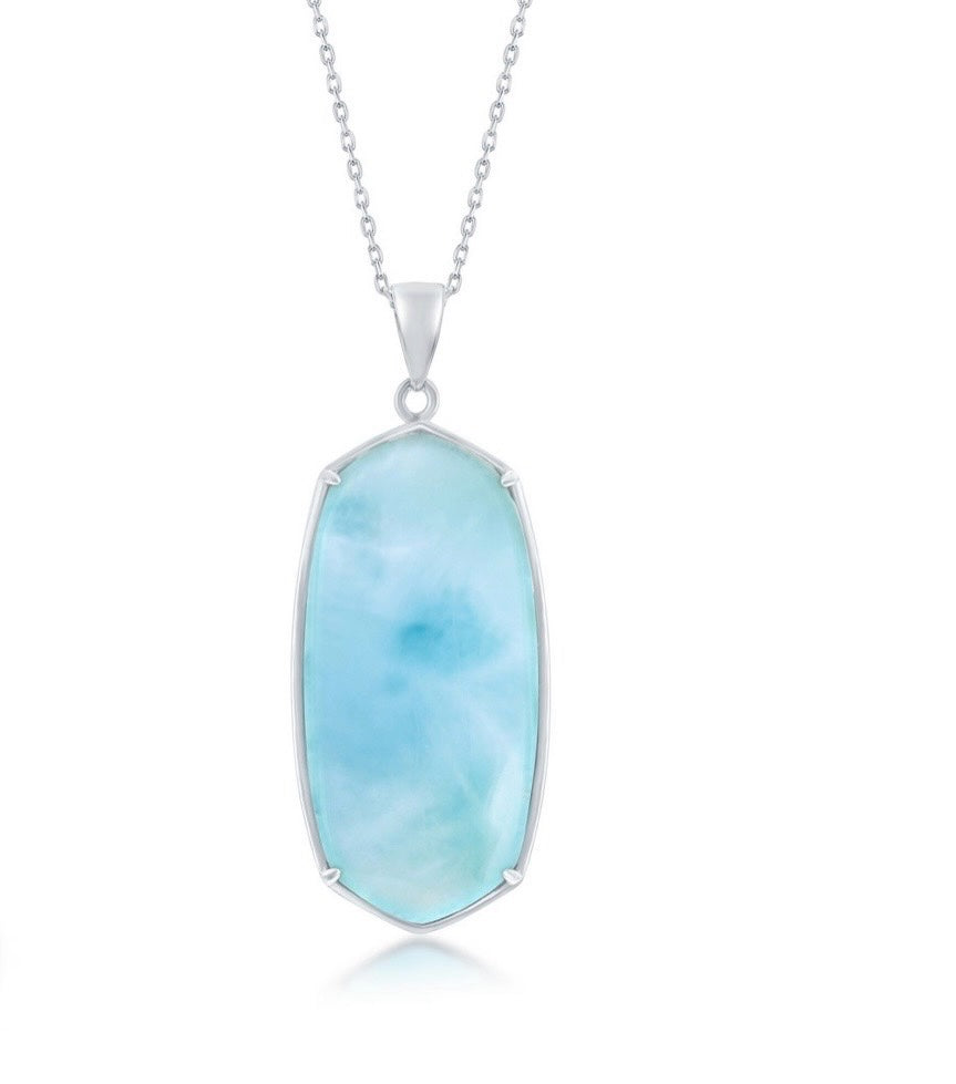Sterling Silver, Large Long Hexagon Larimar Pendant