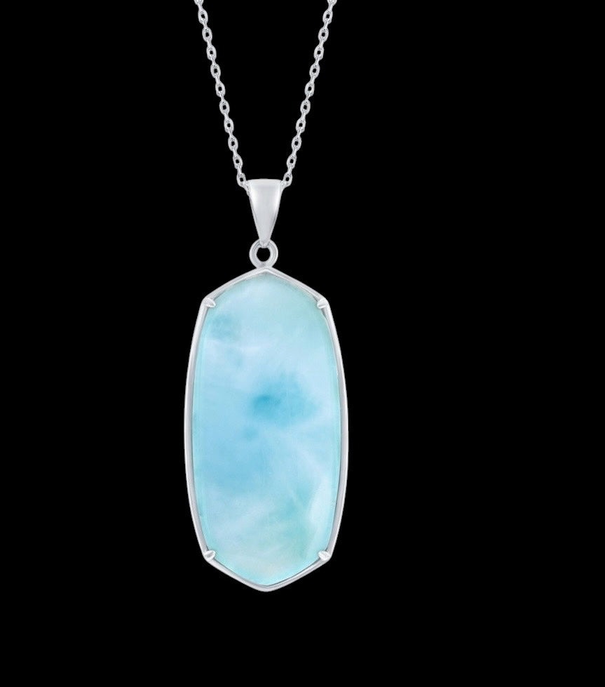 Sterling Silver, Large Long Hexagon Larimar Pendant