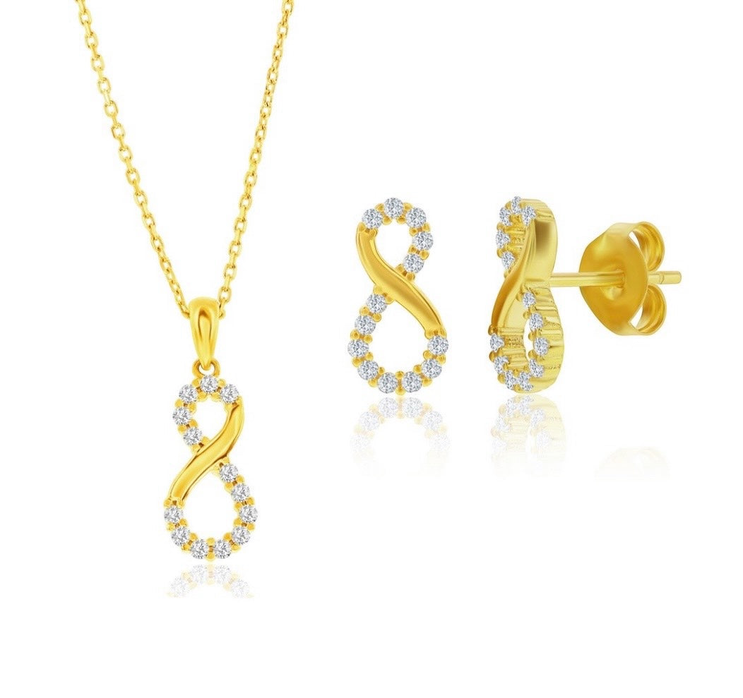 Sterling Silver Polished Crystal Infinity Necklace & Earrings Set