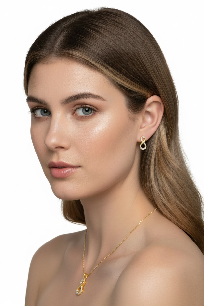 Sterling Silver Polished Crystal Infinity Necklace & Earrings Set